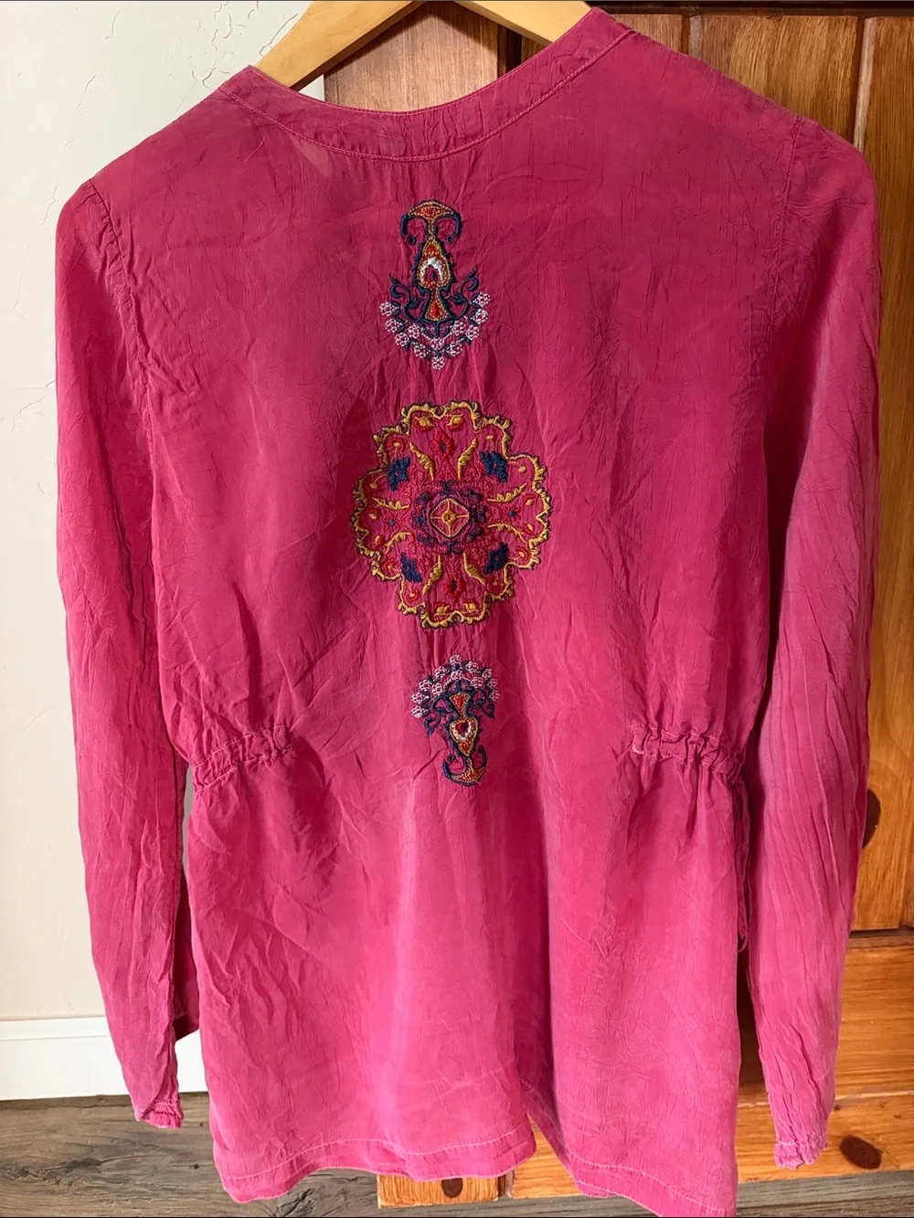 Johnny Was long sleeve Embroidered Drawstring Waist Blouse Medium, berry color